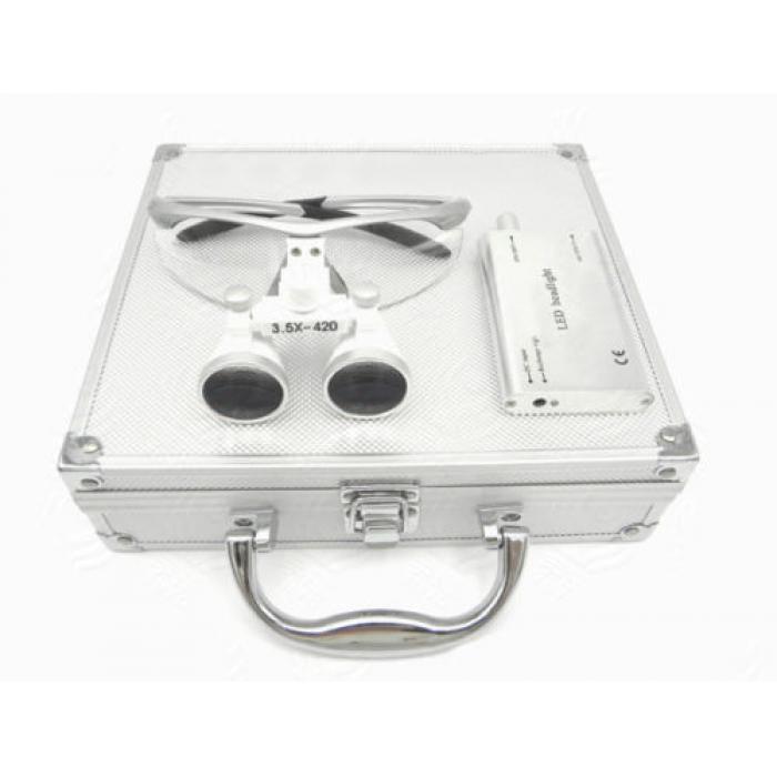Dental Surgical 3.5X420mm Binokularlupen + LED Scheinwerfer + Aluminium Box Silber