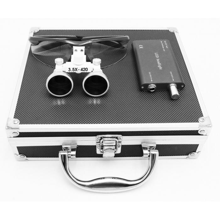 Dental Surgical 3.5X420mm Binokularlupen + LED-Scheinwerfer + Aluminiumbox Schwarz
