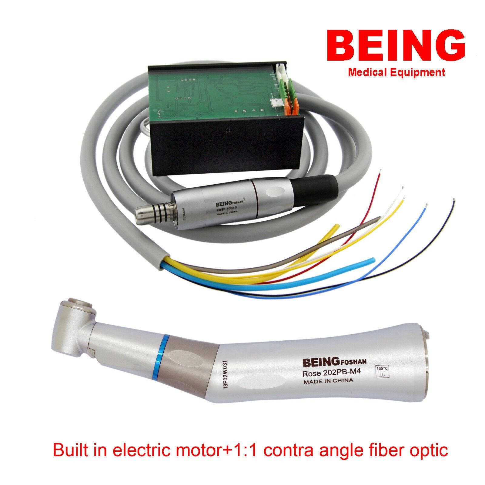 BEING Rose4000 Eingebauter zahnärztlicher Elektromotor + Rose 202-CA(PB) 1:1 Faseroptisches Winkelstück