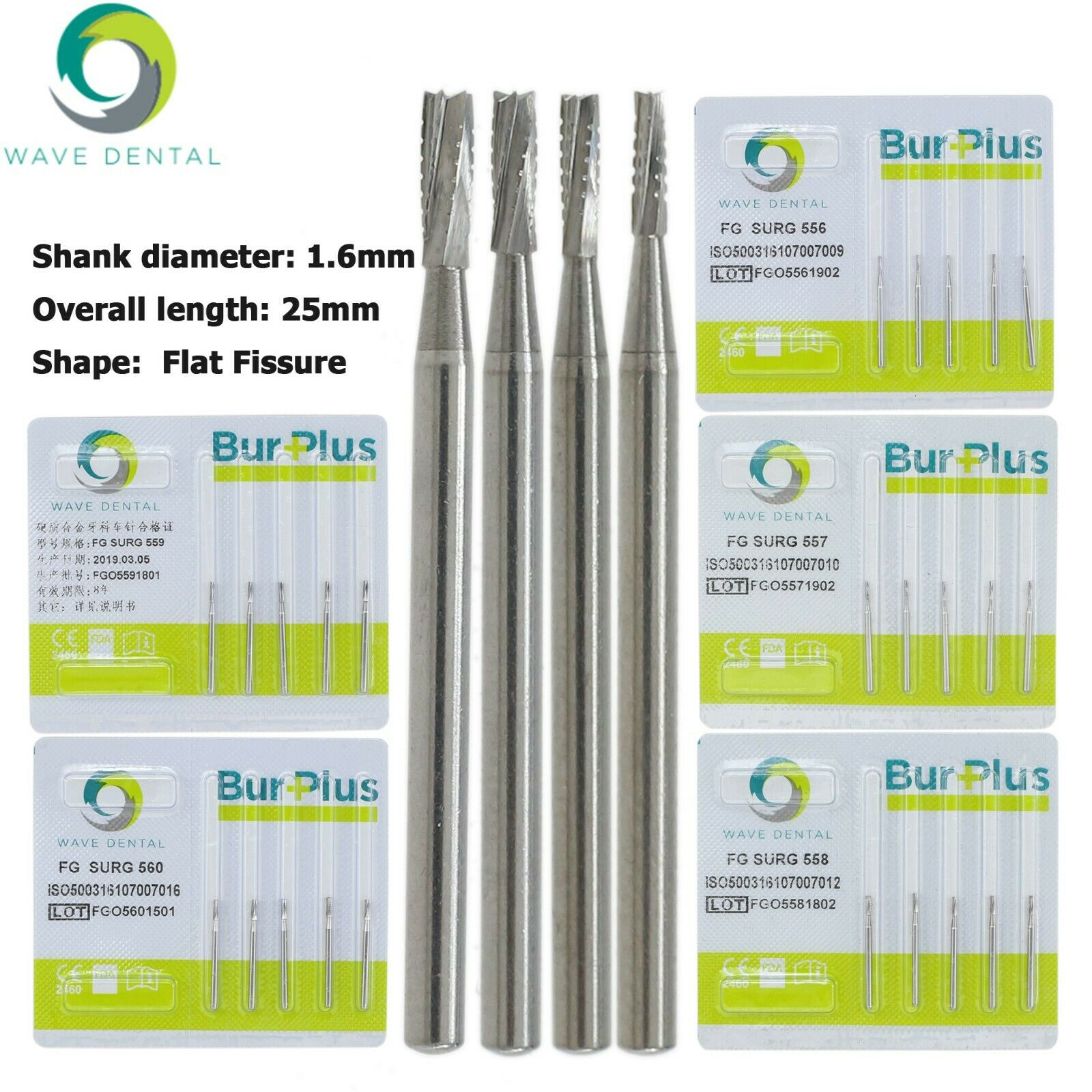 10 Stück WaveDental FG SURG Hartmetallbohrer Zahnmedizin FG-Schaft 556 557 558 559 600# Flache Fissur Zahnbohrer