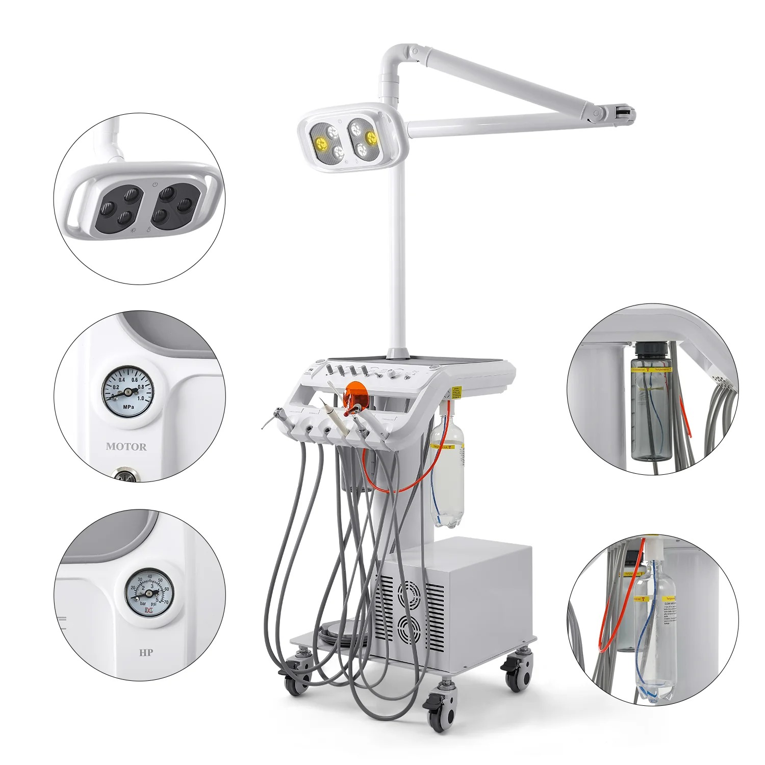 Mobile Dentaleinheit mit Zahnarztlampe, Kompressor, Scaler und Aushärtungslampe