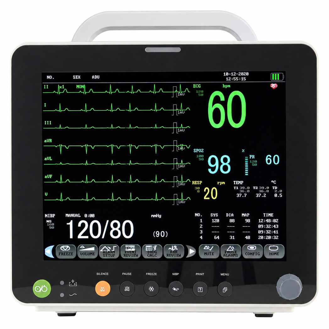 12-Zoll-Multiparameter-Patientenmonitor EKG/Atemwege/Temperatur/NIBP/SpO2/PR