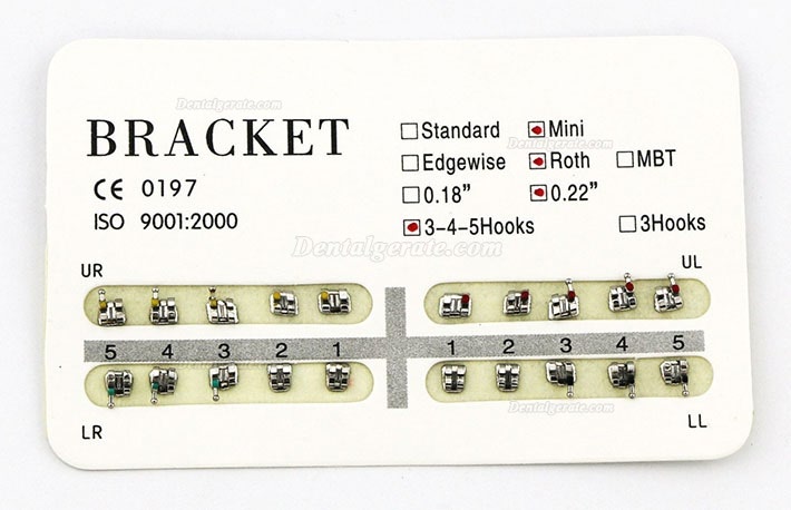 5 Packungen Dental Kieferorthop&auml;dische Metall Bracket St&auml;nder Mini Roth 0.022 345 Haken 100 St&uuml;cke