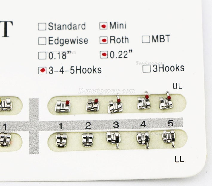5 Packungen Dental Kieferorthop&auml;dische Metall Bracket St&auml;nder Mini Roth 0.022 345 Haken 100 St&uuml;cke