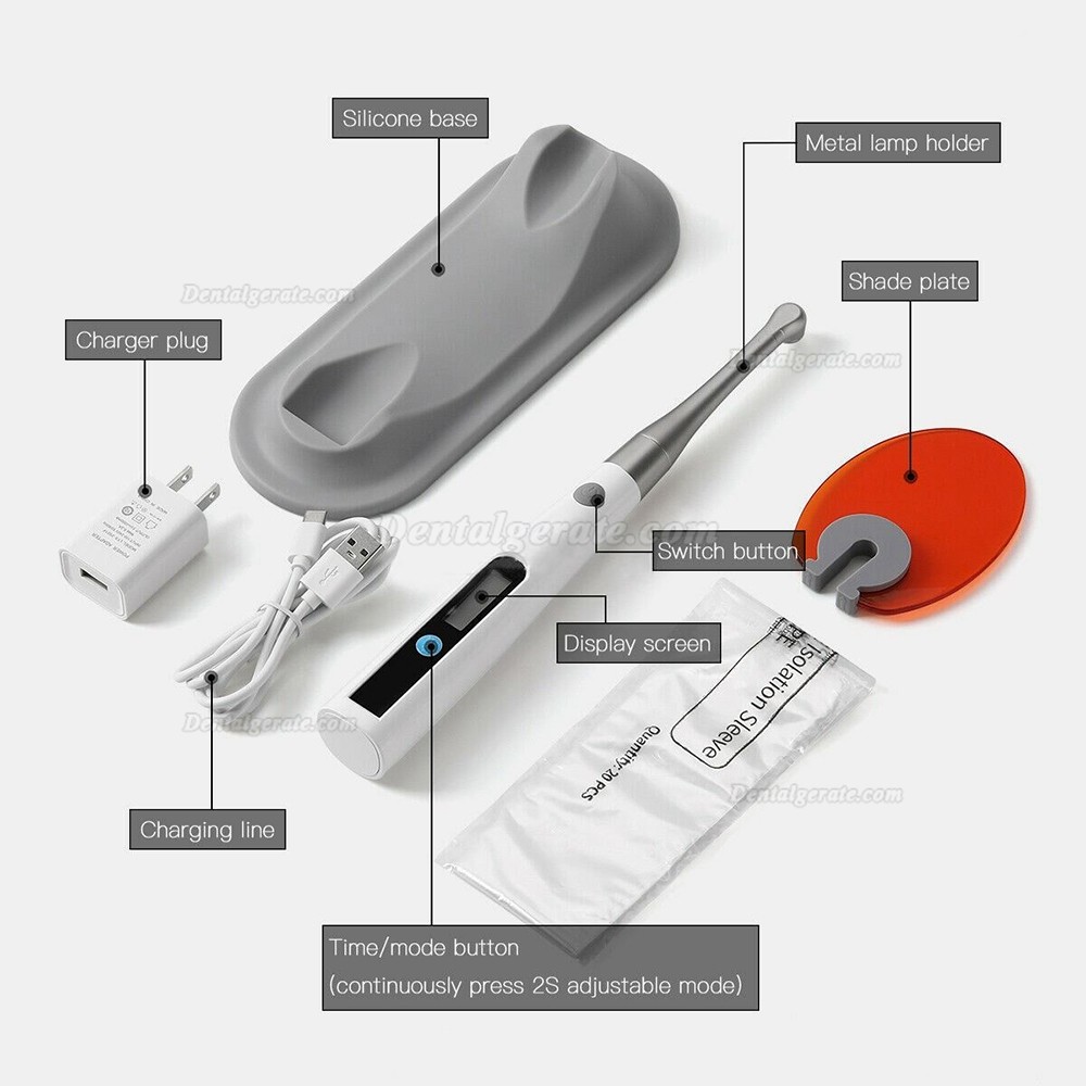 Dental LED Polymerisationslampe Kabellos (1 Sek. Aush&auml;rtung , Metallkopf 1400mw/cm2)