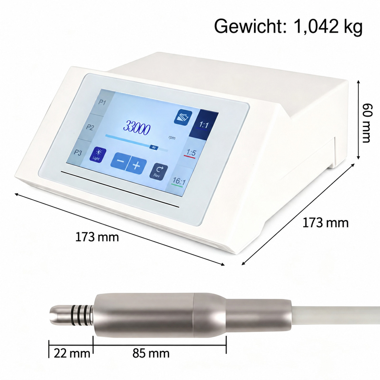 B&uuml;rstenloser Motor f&uuml;r Zahnrestaurationen (Touchscreen, 4-Loch-Anschluss, einstellbare Drehzahl)