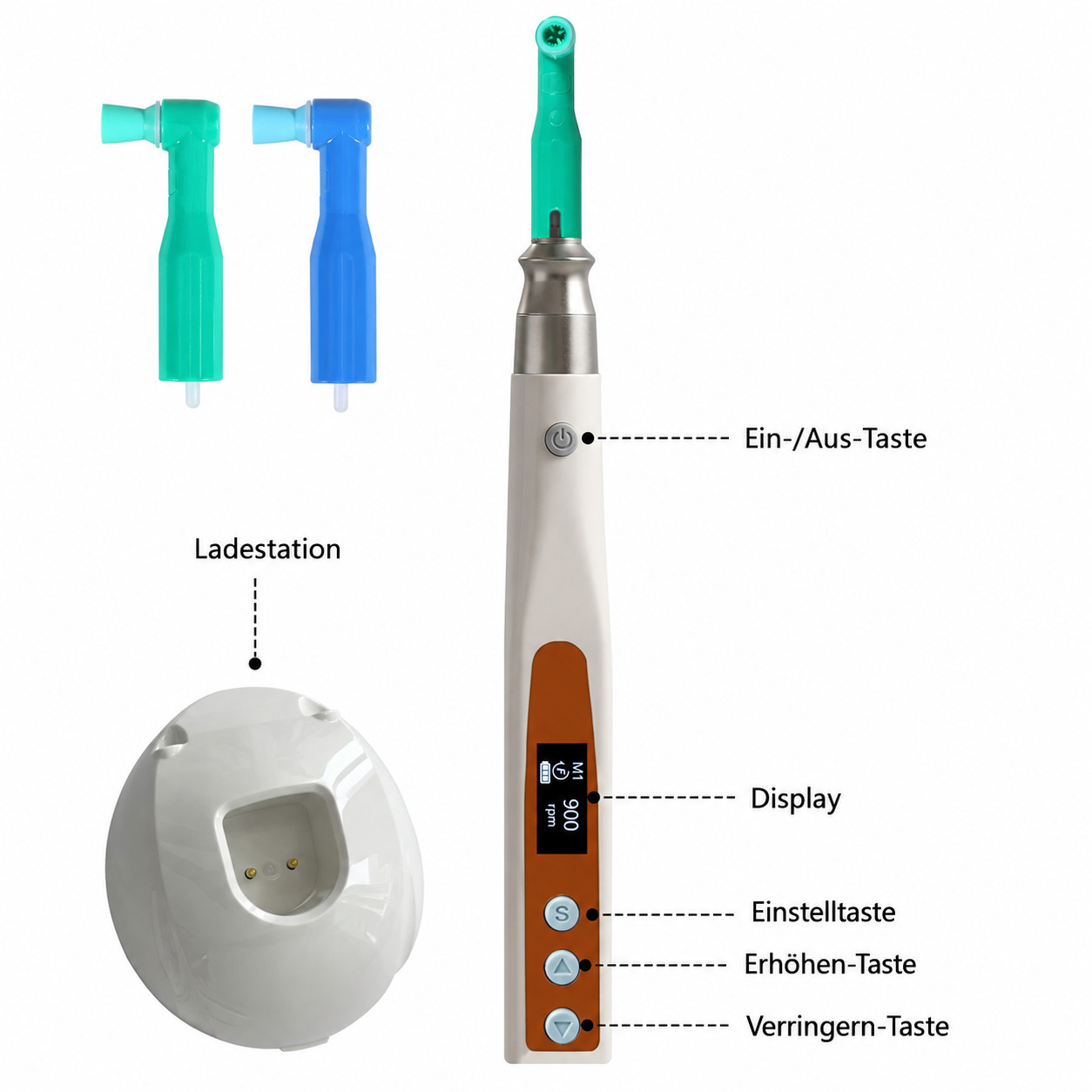 PULIHUA PLH-230 Kabelloses prophylaxe handst&uuml;ck + 2 prophy-winkel