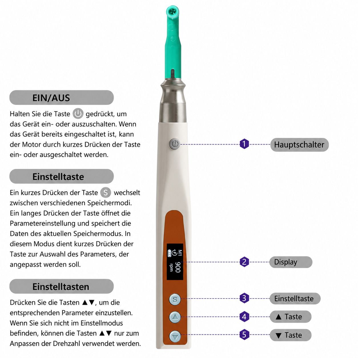 PULIHUA PLH-230 Kabelloses prophylaxe handst&uuml;ck + 2 prophy-winkel