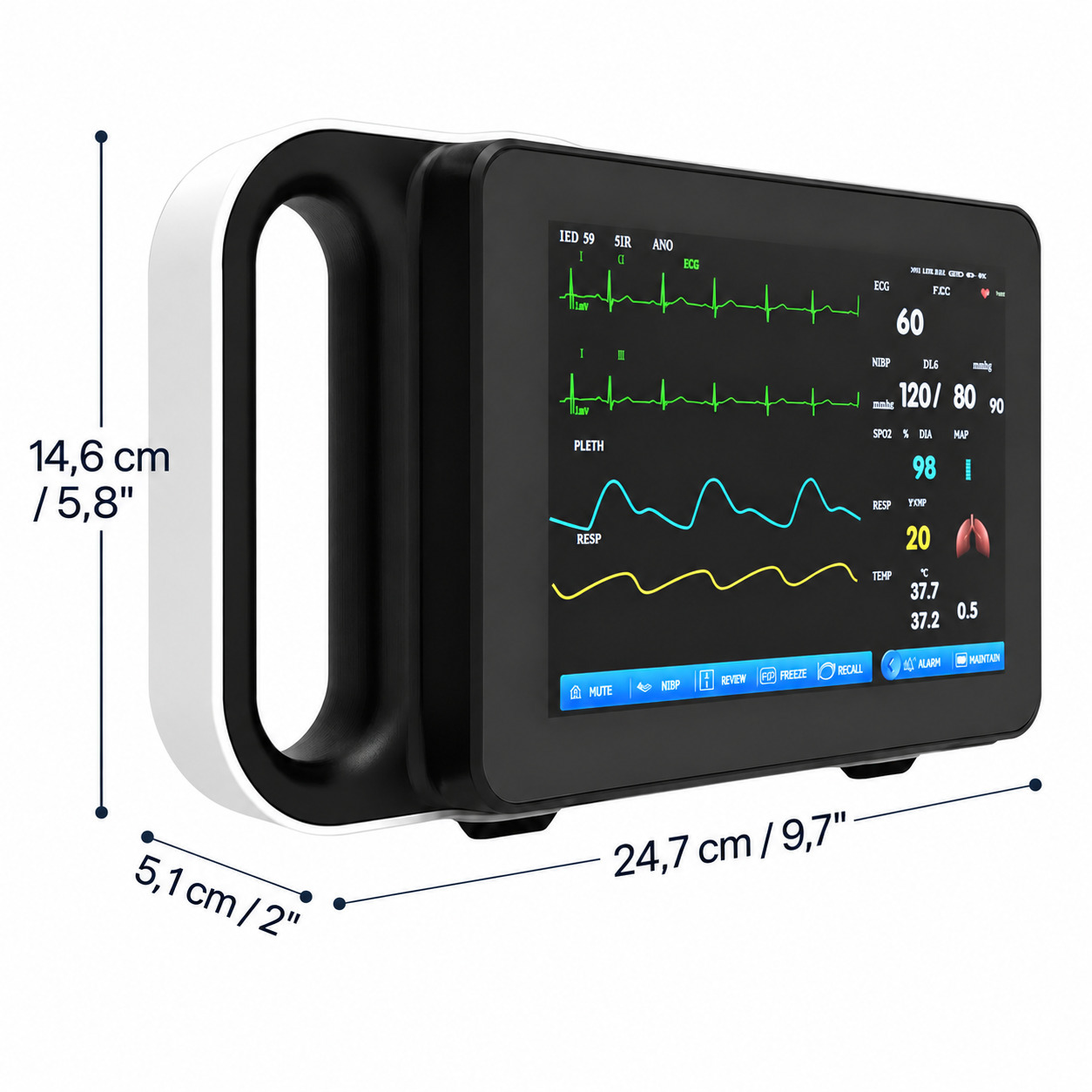 7-Zoll-Touchscreen Patientenmonitor: EKG/Atemwege/Temperatur/NIBP/SpO2/PR 7-Zoll-Touchscreen Patientenmonitor: EKG/Atemwege/Temperatur/NIBP/SpO2/PR