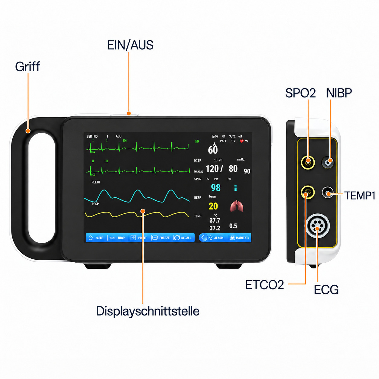 7-Zoll-Touchscreen Patientenmonitor: EKG/Atemwege/Temperatur/NIBP/SpO2/PR 7-Zoll-Touchscreen Patientenmonitor: EKG/Atemwege/Temperatur/NIBP/SpO2/PR