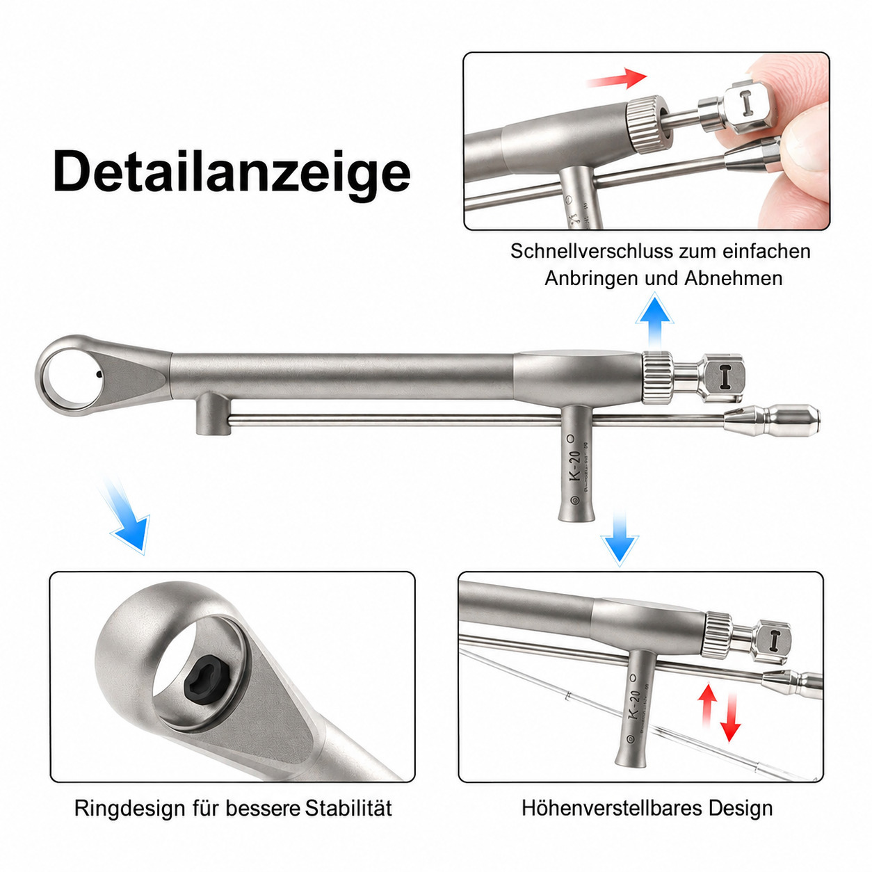 Zahn&auml;rztliches universelles Instrument f&uuml;r Implantatprothetik und -reparatur mit Schraubendreheraufnahme