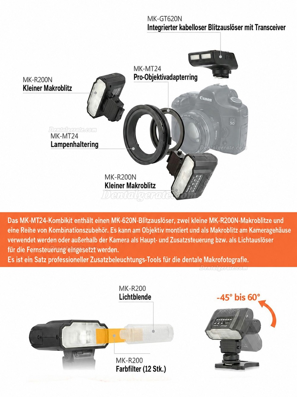 Doppelkopf-Blitz Nikon Canon Macro Dental SLR-Kamera f&uuml;r Dental-Makrofotografie