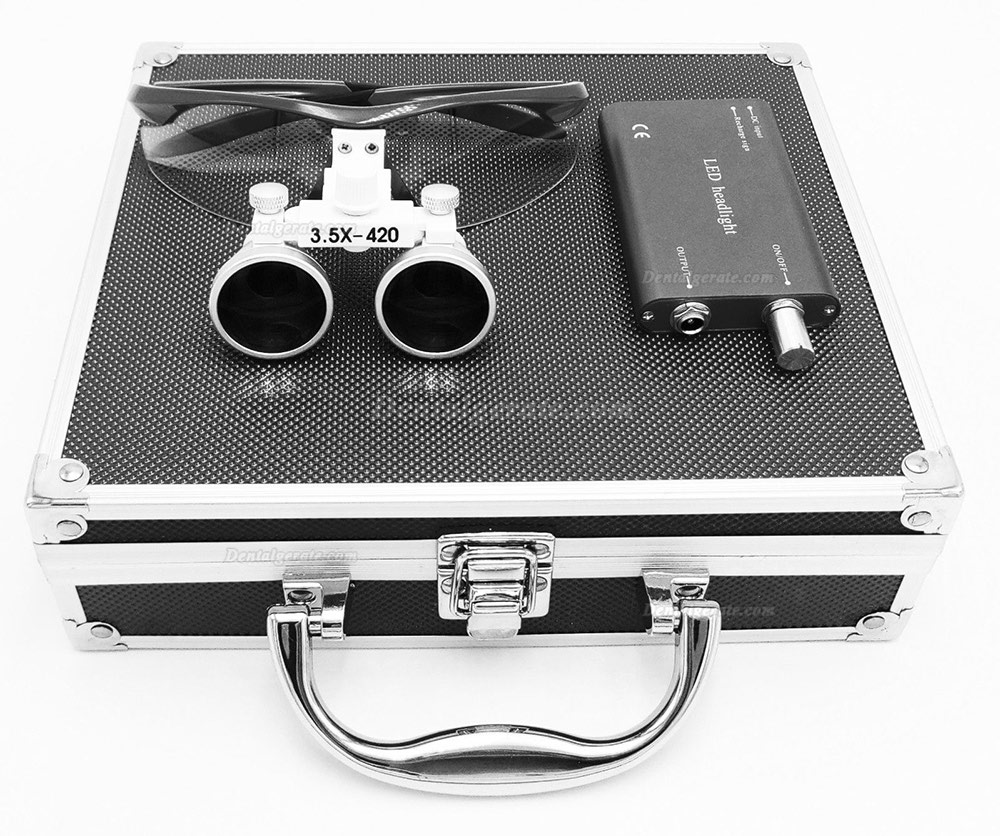Dental Surgical 3.5X420mm Binokularlupen + LED-Scheinwerfer + Aluminiumbox Schwarz