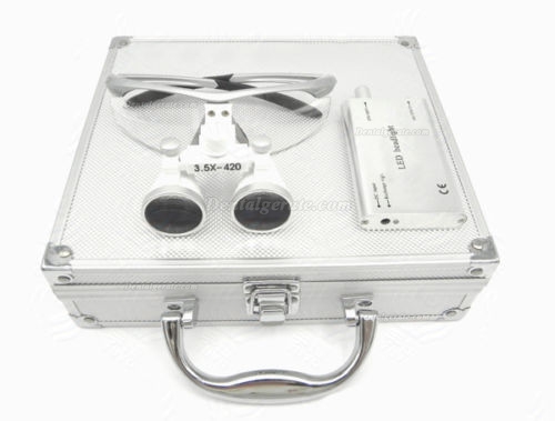 Dental Surgical 3.5X420mm Binokularlupen + LED Scheinwerfer + Aluminium Box Silber