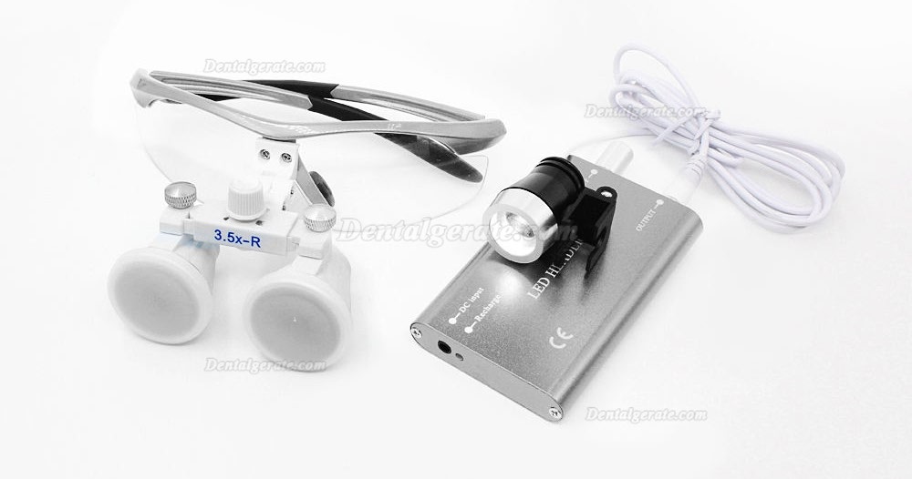 Dental Surgical 3.5X420mm Binokularlupen + LED Scheinwerfer + Aluminium Box Silber
